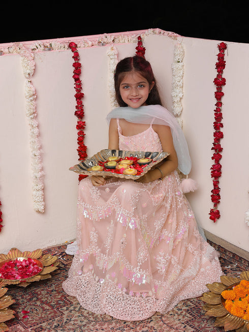 Girl's' Peach Embroidered Sequins Net Long Anarkali Dress With Dupatta